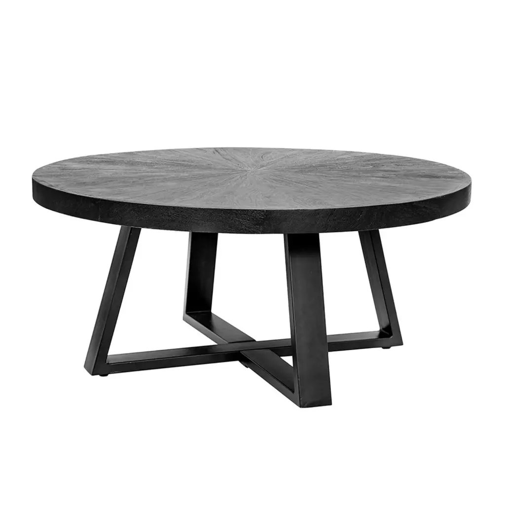 Benjara 39 Inch Raj Acacia Wood Iron Round Coffee Table Black Cross Legs Design Convenience Concepts