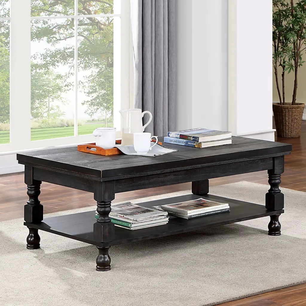Rustic Style Antique Black Coffee Table Open Bottom Shelf kanepe