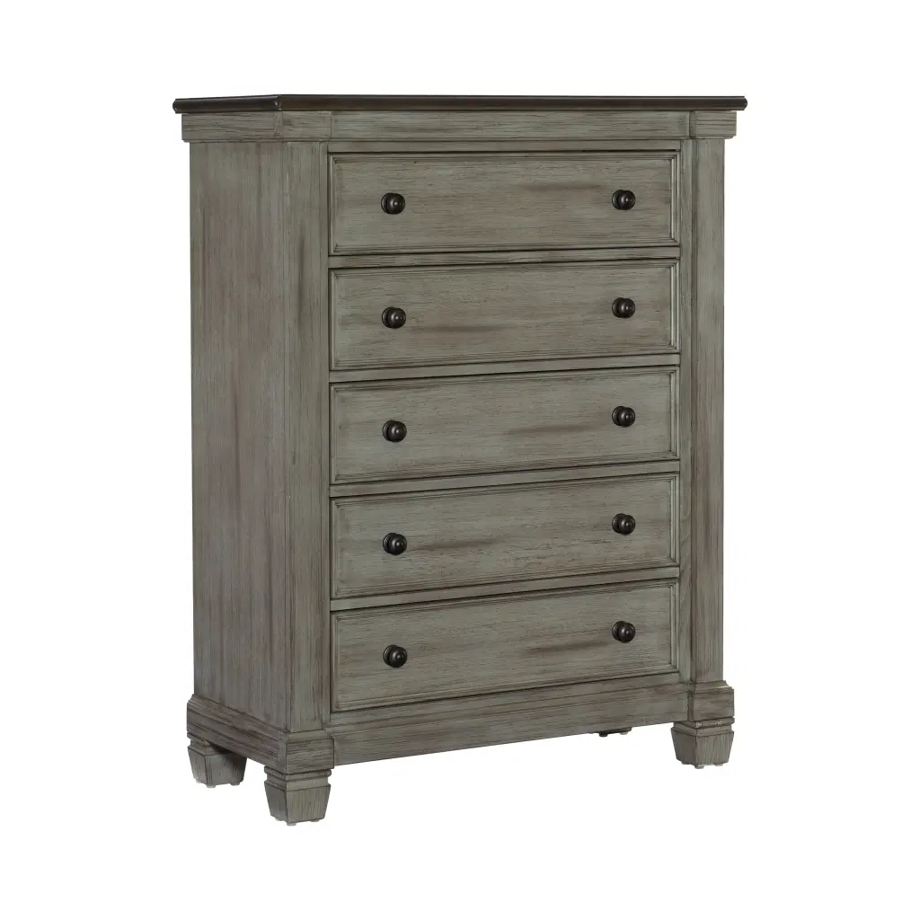 Transitional Rustic Style Coffee Table And Antique Gray 5 Drawer Chest kanepe