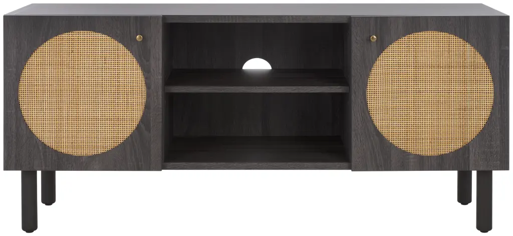 SAFAVIEH Ophelia 2 Door 2 Shelf Media Stand Distressed Black, 46.9 Inch Wide
