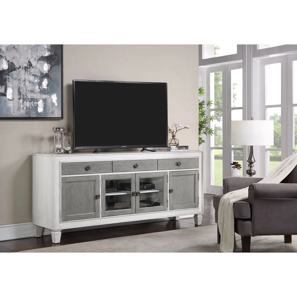 ACME Katia Wooden Rectangular TV Stand 4 Doors Rustic Gray and White Acme Furniture
