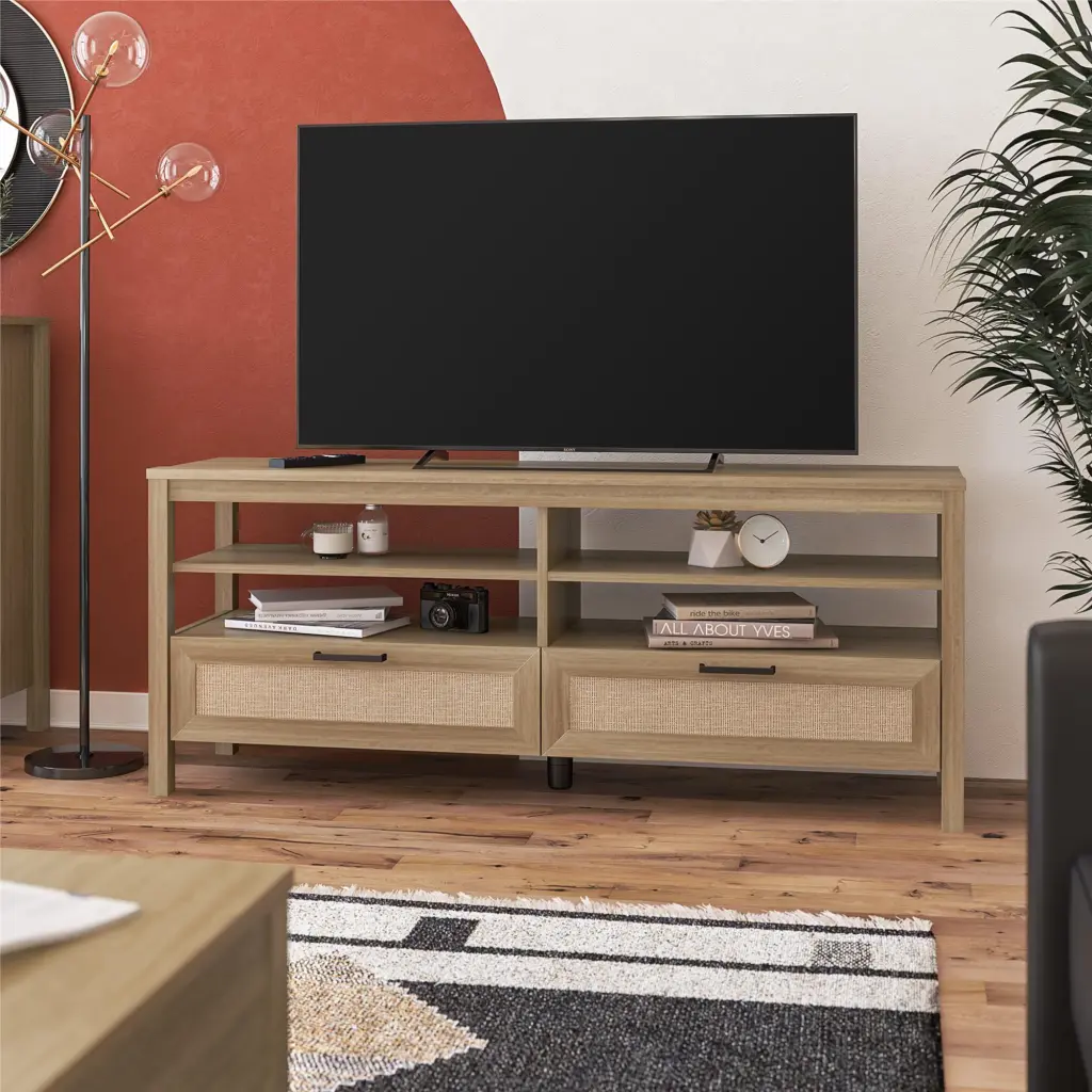 Ameriwood Home Wimberly TV Stand 65 Inch TVs Natural Finish Faux Rattan