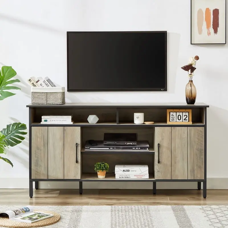 58-inch Rustic Gray TV Stand and Media Entertainment Center Open Shelving and Storage Cabinets BJJAT
