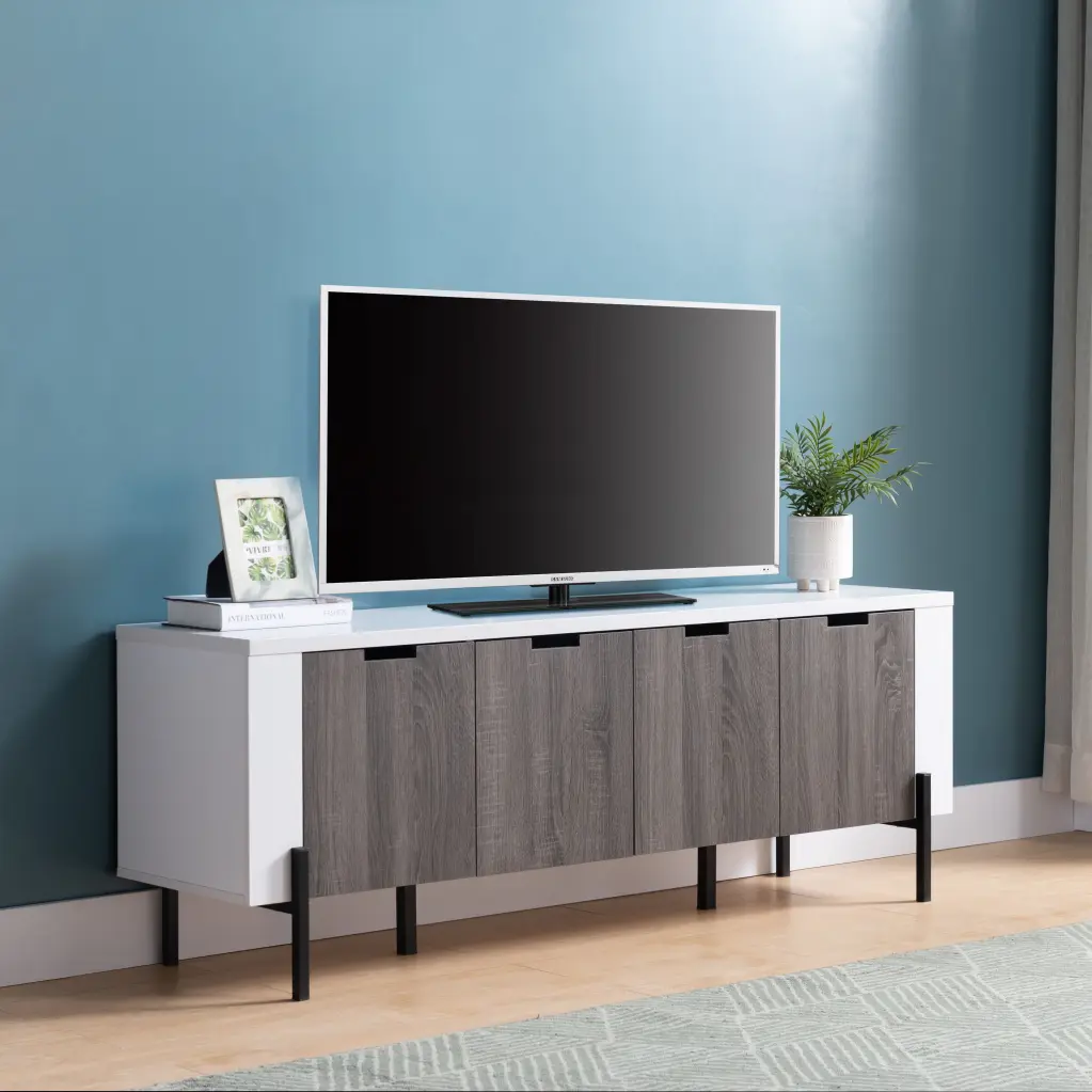 White Distressed Gray TV Stand Entertainment Center 4 Doors and 3 Cabinet Spaces DJ Corp Design