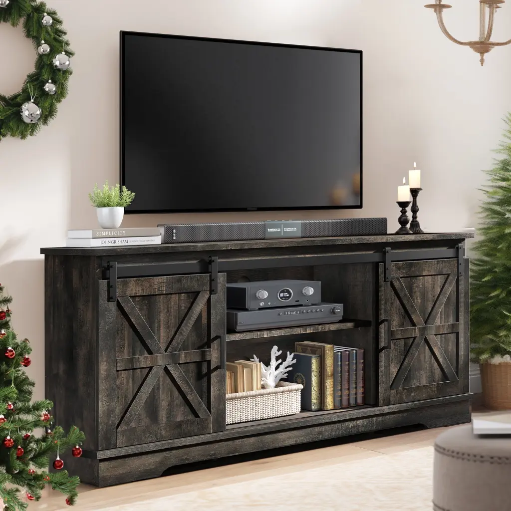 DWVO Farmhouse TV Stand 65 Inch TVs Rustic Grey Entertainment Center Barn Doors Media Console Cabinet