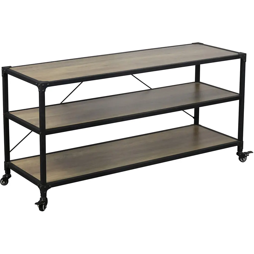eHemco 3 Tier Rustic TV Stand and Entertainment Center Storage Shelves and Wheels Black Base