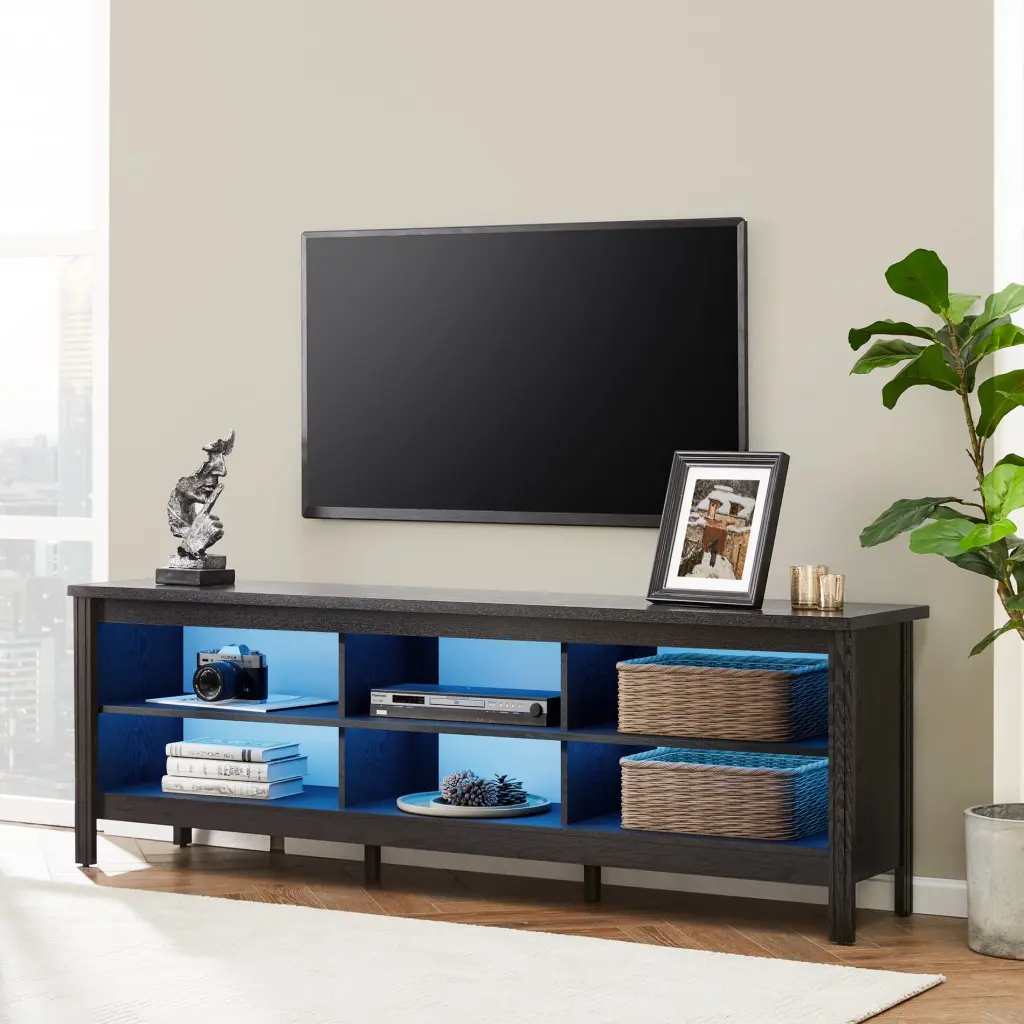 Farmhouse Television Stand 75 Inch TV 6 Storage Compartments - Black LED Entertainment Center FITUEYES