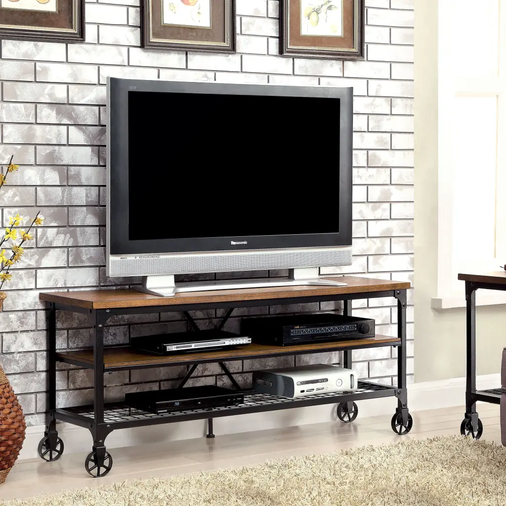 Furniture America Daimon II Rustic Oak Metal 2 Shelf TV Console