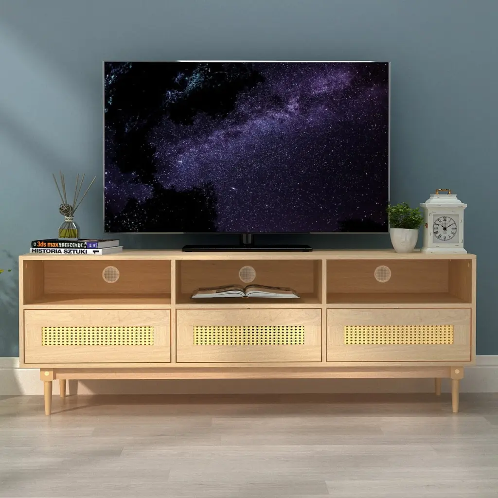 Homylin 64 TV Stand 65 70 Inch TV Entertainment Cabinet Rattan Storage Drawers