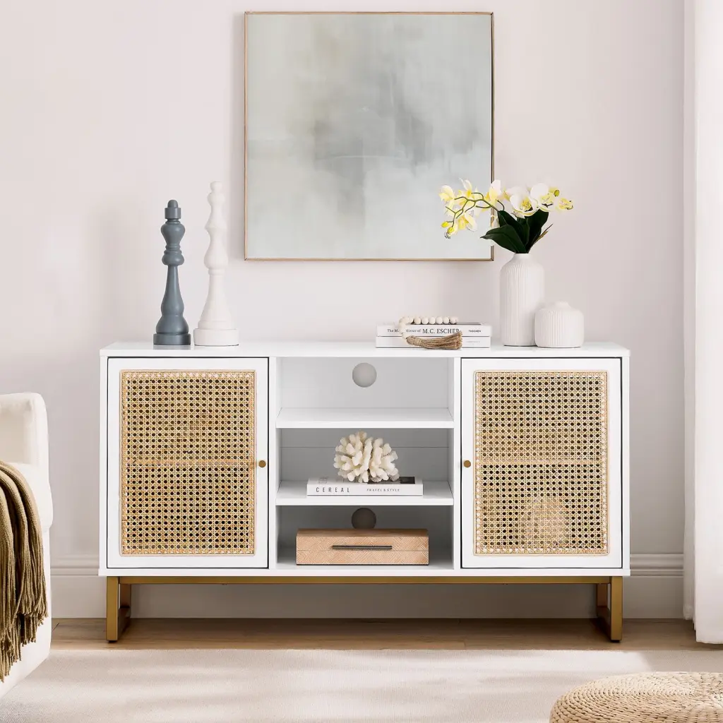 Royard Oaktree Rattan TV Stand 55 Inch TV Adjustable Shelves and Metal Legs