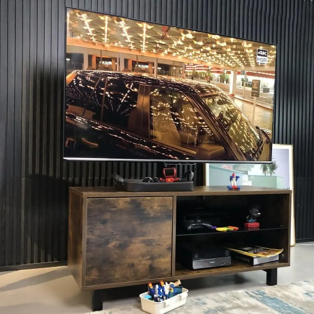 Rustic Brown TV Stand TV up to 65 Inches Push-to-Open Storage Cabinet Wood and Glass Console Triple Tree