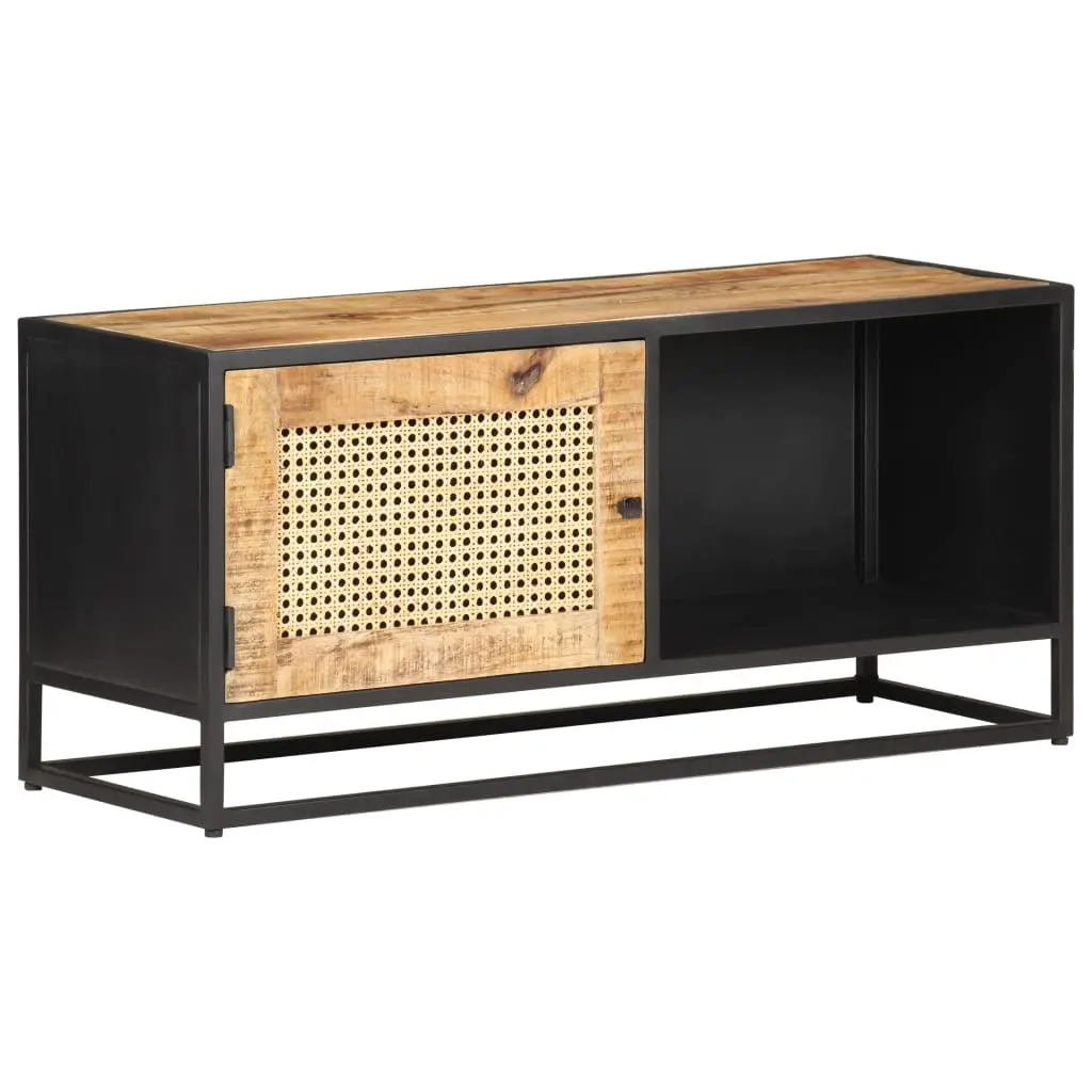 vidaXL Rough Mango Wood and Natural Cane TV Stand 35.4x11.8x15.7 Inches