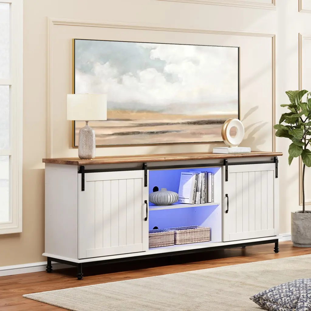 Farmhouse Blue Light Sliding Barn Door TV Stand 55-75 Inch TVs Adjustable Shelves Wampat