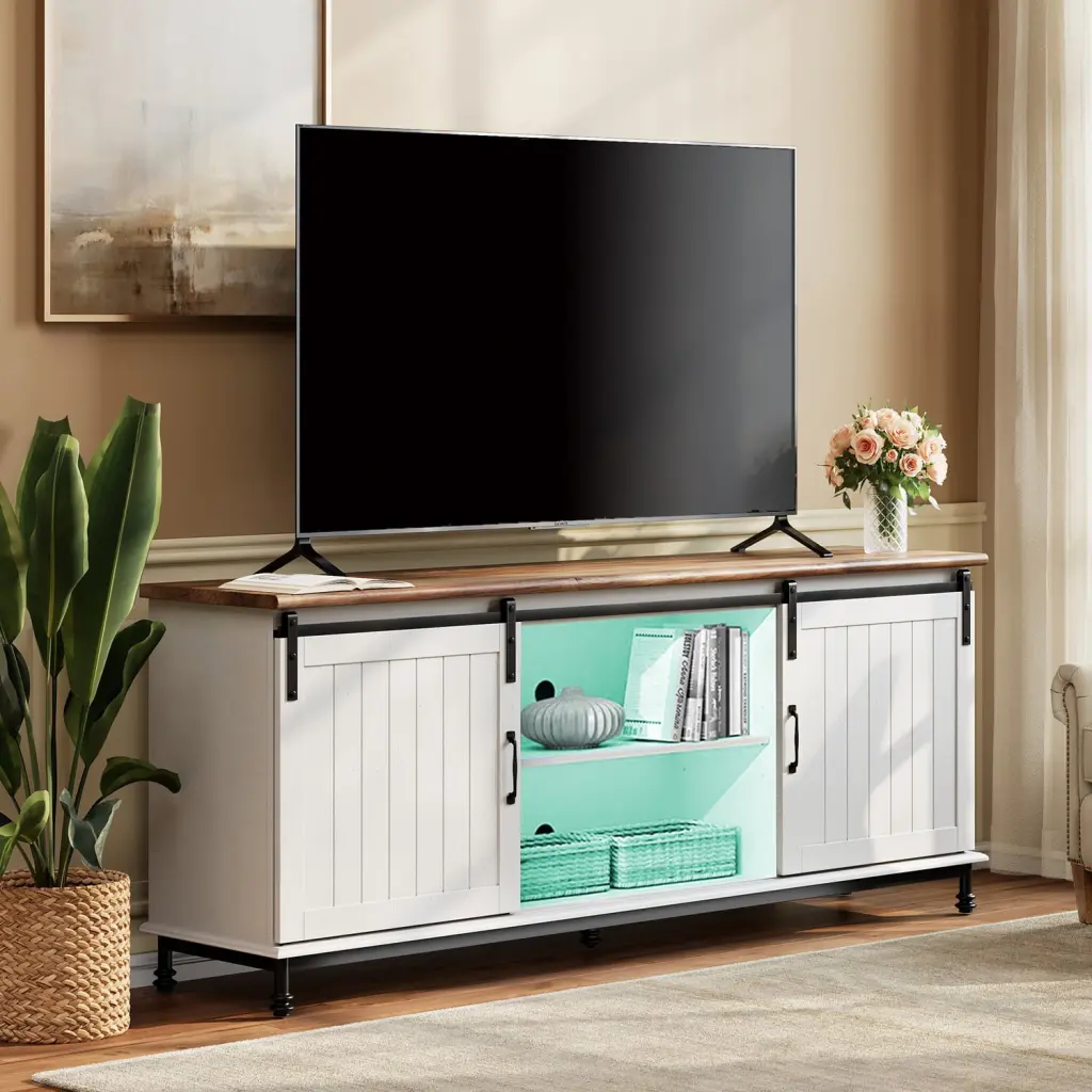 Farmhouse 16 Color Light Sliding Barn Door TV Stand 55-75 Inch TVs Storage Cabinet Wampat