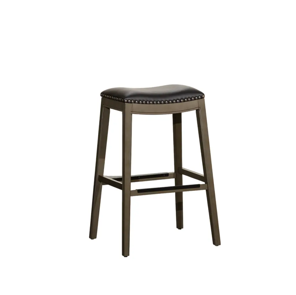 30 Inch Bar Height Saddle Stool Weathered Gray Finish Black Leather Seat dty home