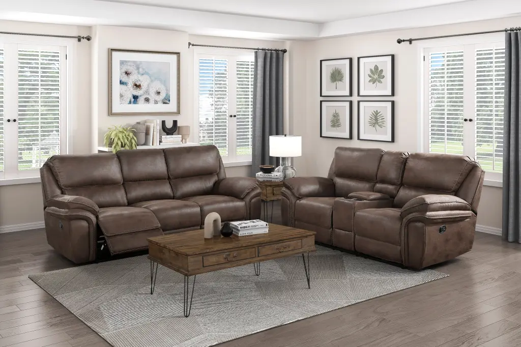 Plush Modern Living Room Sofa Set 2PC Reclining Sofa And Loveseat Brown Leather Power Recliners kanepe