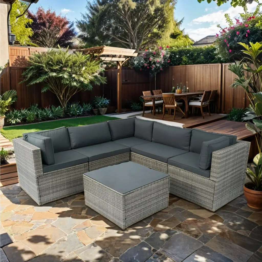 6 Pieces PE Rattan Sectional Outdoor Furniture Cushioned Sofa Set Grey Patio Seating eelifee
