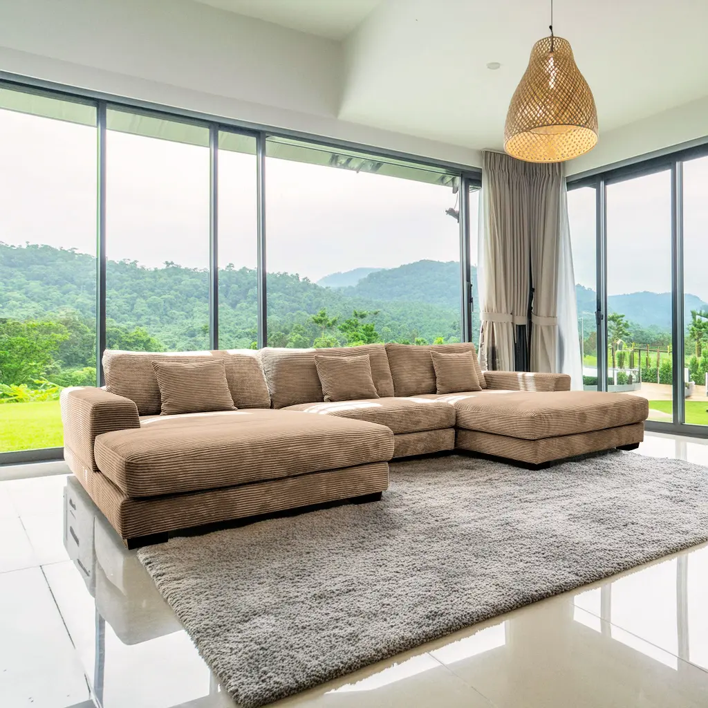 Bella Tan Corduroy U Influenced 3 Piece Sectional Sofa Tan Wood american homestead furniture
