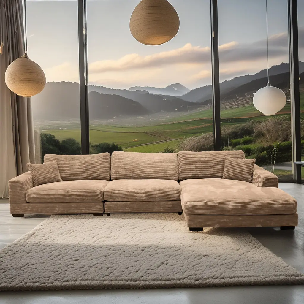 Bella Tan Corduroy Right Facing 3 Piece Sectional Sofa Wood Legs american homestead furniture