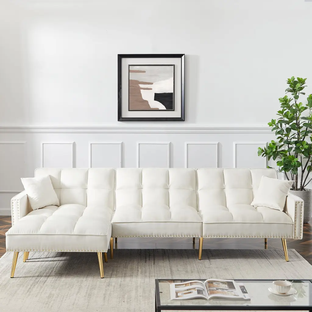 Cream White Velvet Upholstered Reversible Sectional Sofa Bed Modern Design cy furniture