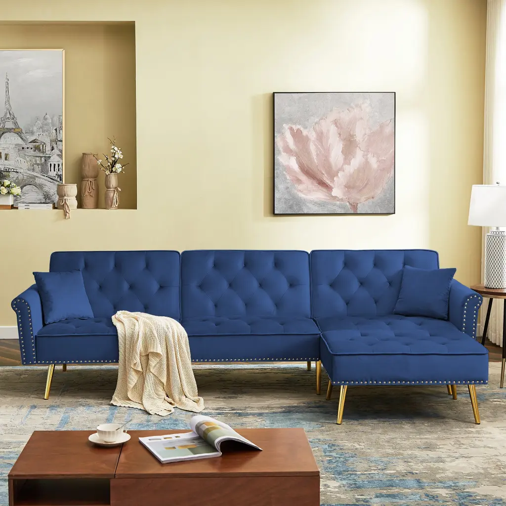 Modern Velvet Upholstered Reversible Sectional Sofa Bed Convertible Couch cy furniture
