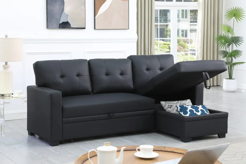 Black Faux Leather Upholstered Pull-Out Sectional Sofa Chaise Lounge cynthia-s furniture