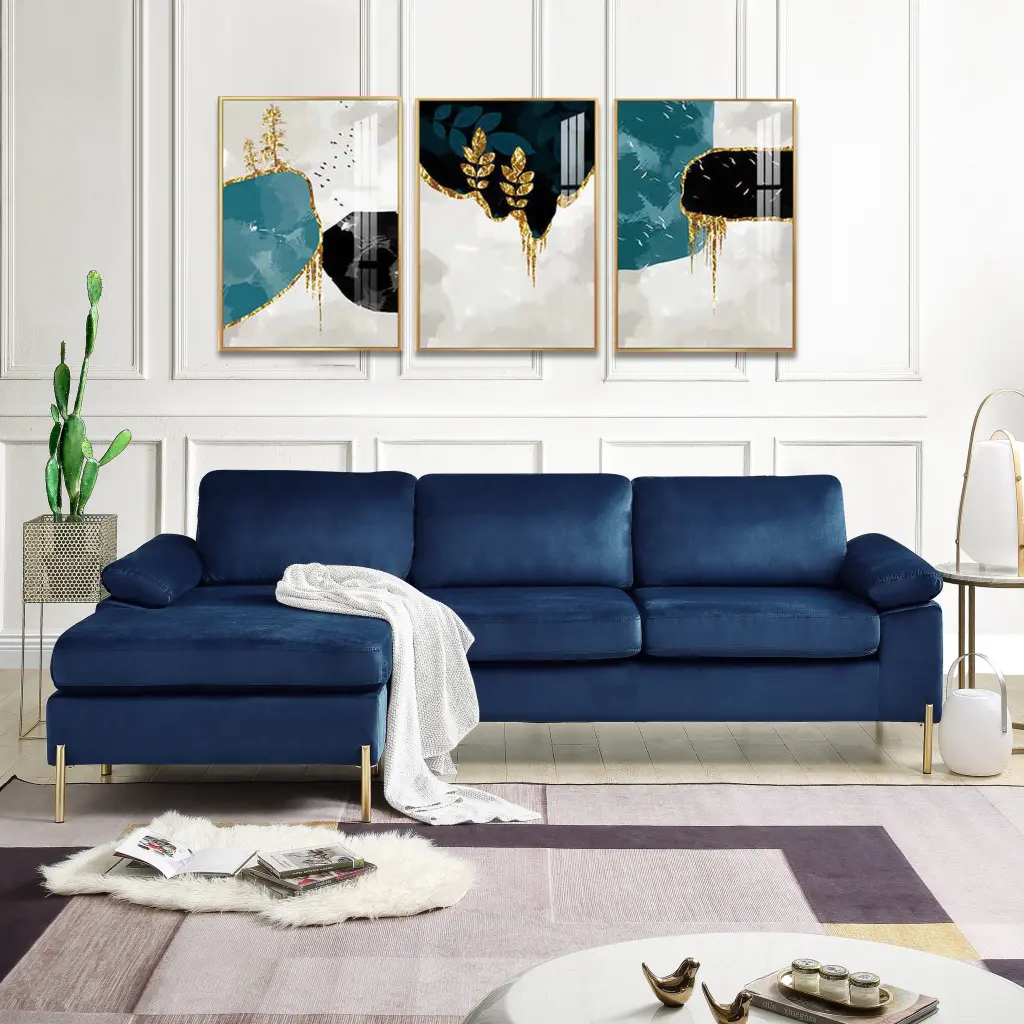 Shannon Velvet Sectional Sofa Chaise Blue Foam Velvet Living Room Furniture cynthia-s furniture