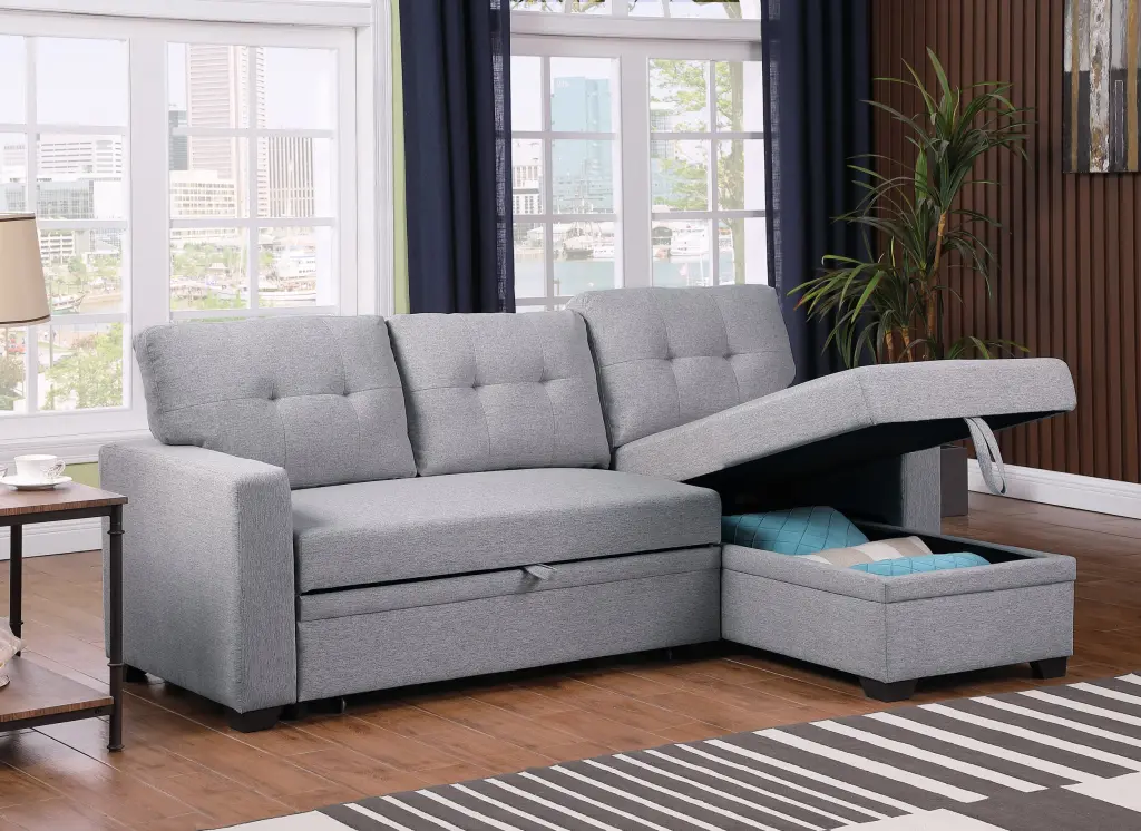 Upholstered Pull Out Sectional Sofa Chaise Light Gray Linen cynthia-s furniture