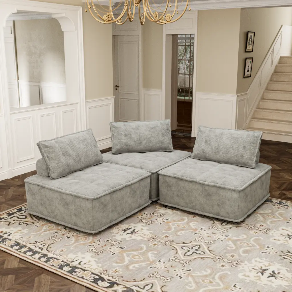 Light Grey 3 Piece Modular Sofa Oversized Sectional Couch Living Room factoryx