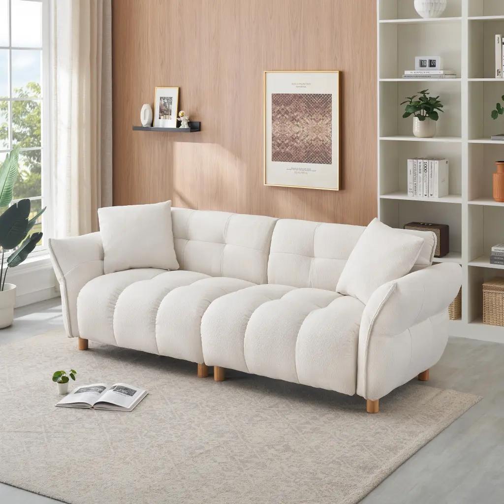 93.70 Inches Long Teddy Sofa Fabric Two Matching Pillows And Throw fan chen furniture