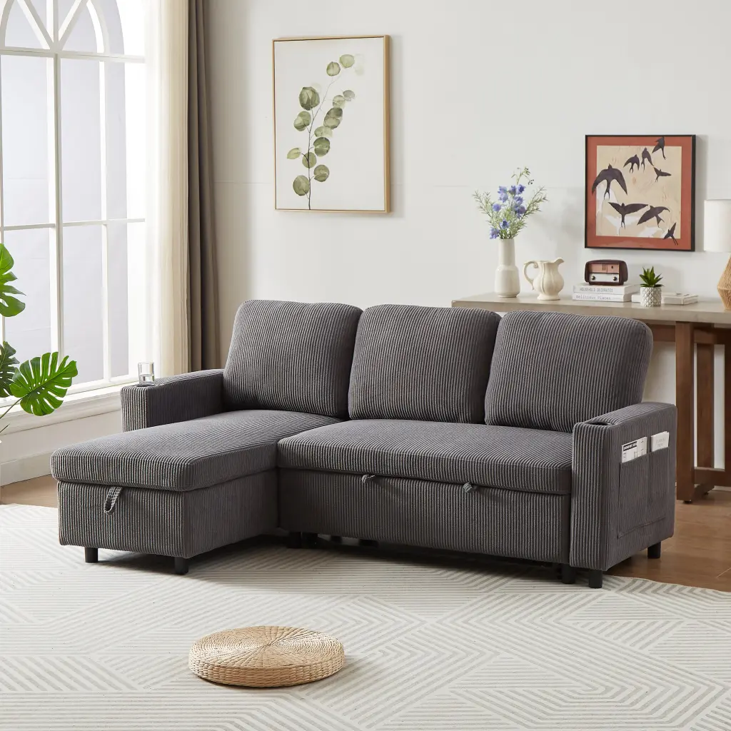 78.7 Inch Cozy Corduroy L Shaped Sofa Bed Living Room Furniture Storage fx furniture