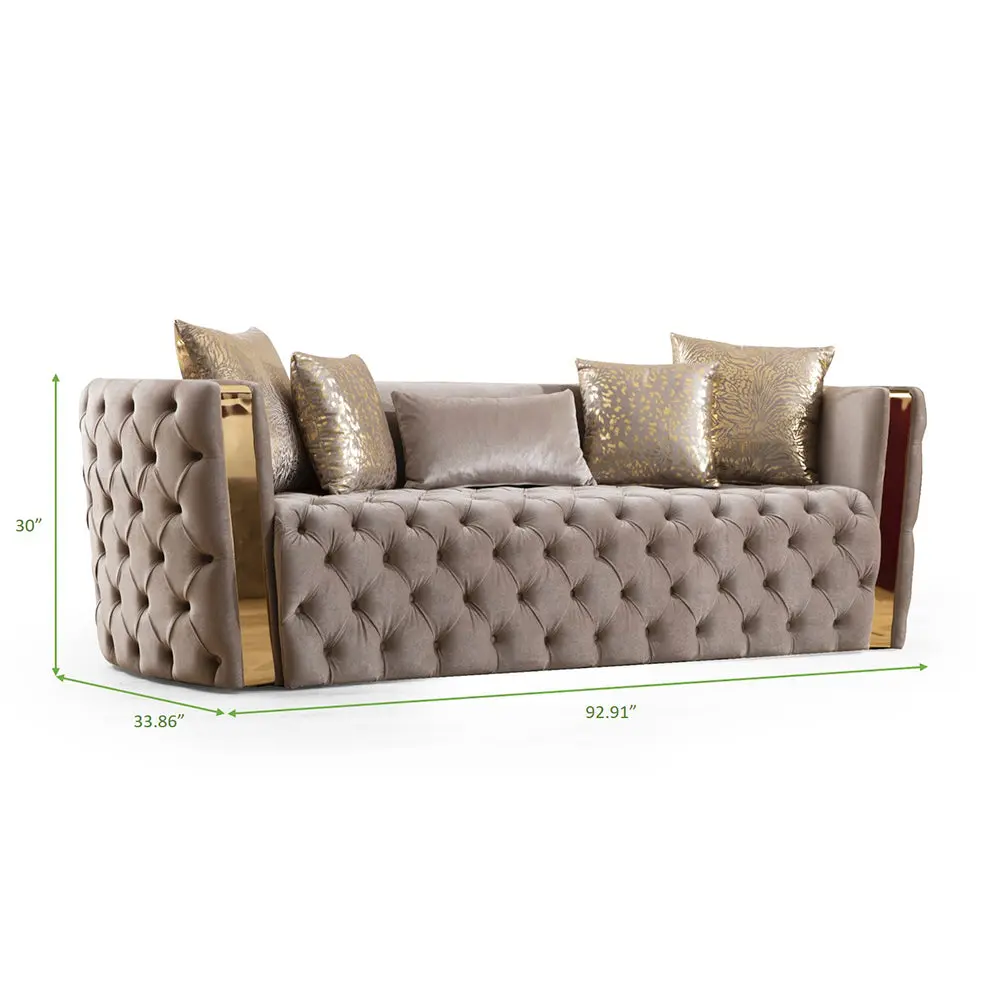 Button Tufted 3 Piece Velvet Fabric Sofa Set Gold Accent Taupe Modern Living Room galaxy home furnishings