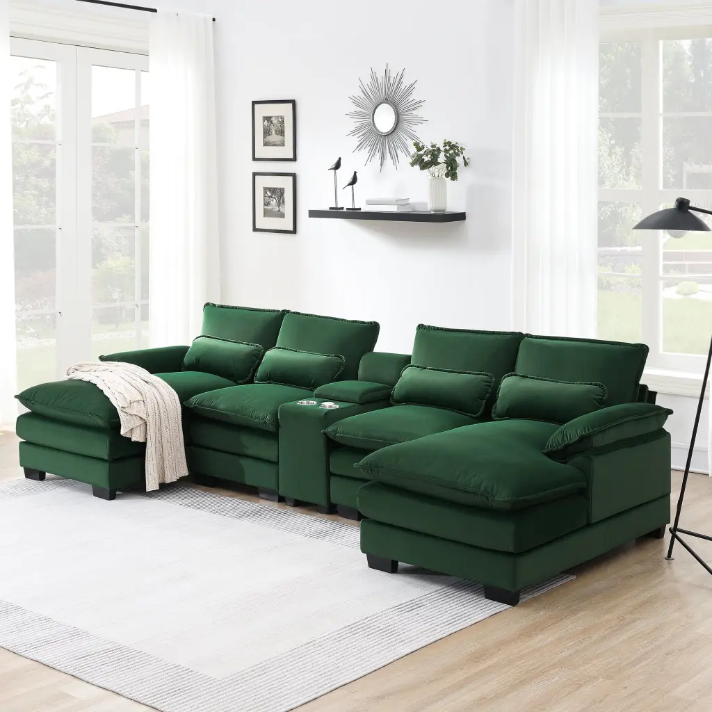 123x55 Inch Modern U Shaped Sofa Console Cup Holders And USB Ports 6 Seater gt