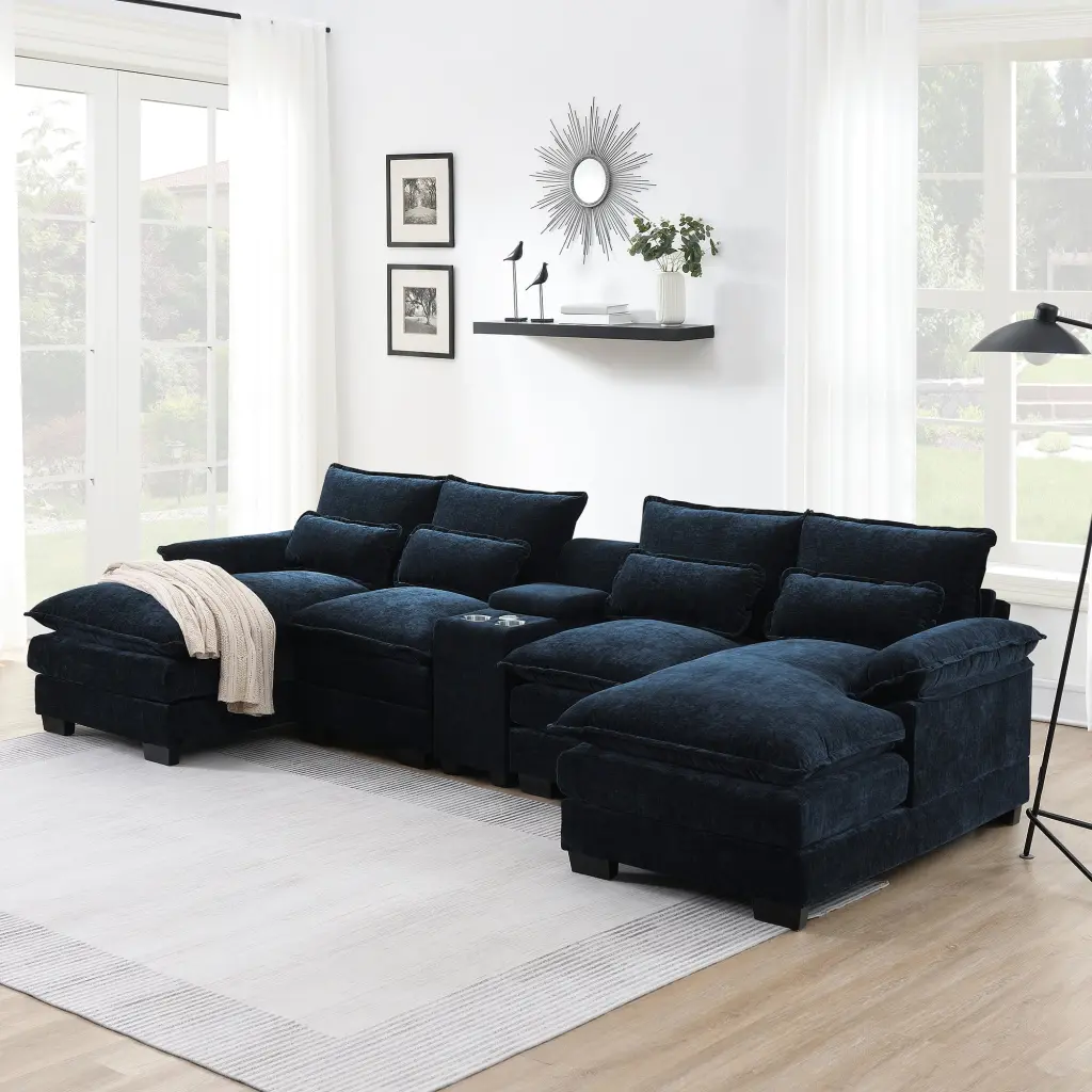 123x55 Inch Modern U Shaped Sofa Console Cupholders and USB Ports 6 Seater gt