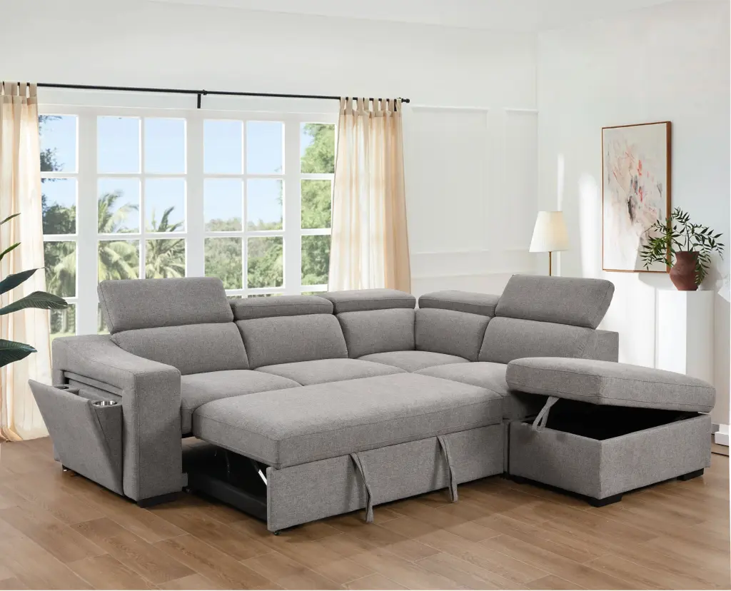 105 Inch Influence Sectional Sofa Pull Out Bed and Ottoman Storage happy home