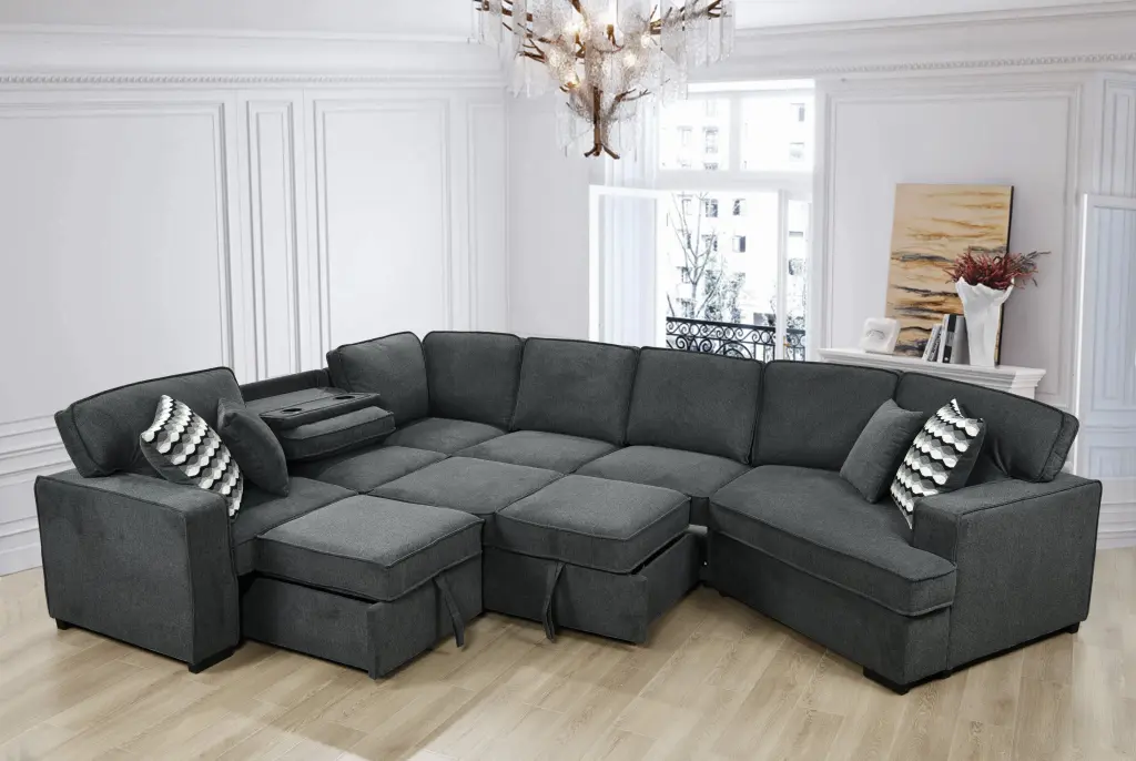 146 Inch Oversized Upholstered Sectional Pull Out Sleeper Bed And Chaise Lounge happy home