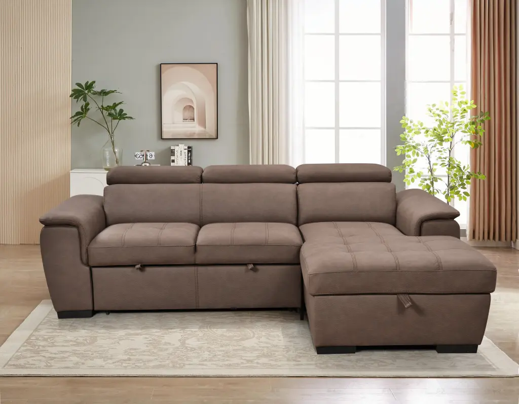 97 Inch Convertible Sectional Sofa Storage Chaise and Adjustable Headrest happy home