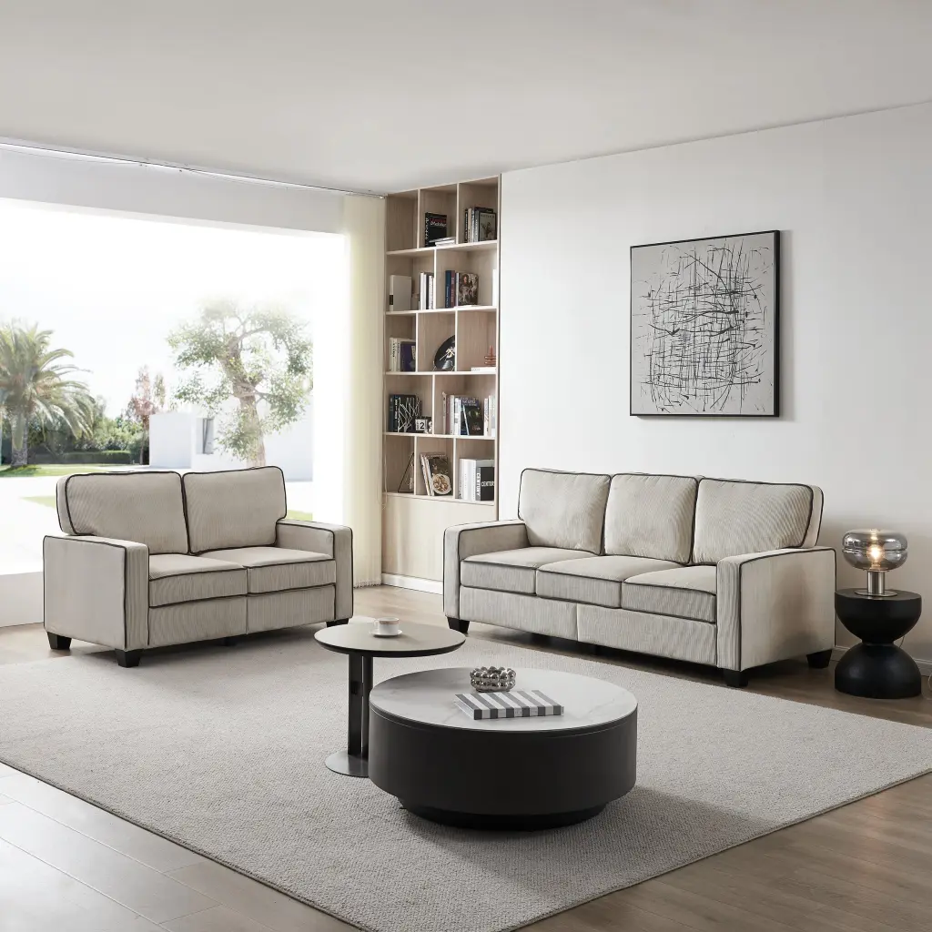 Living Room Sofa Set 2 3 Seater Storage Beige Corduroy Upholstered Foam Cushion hdf store