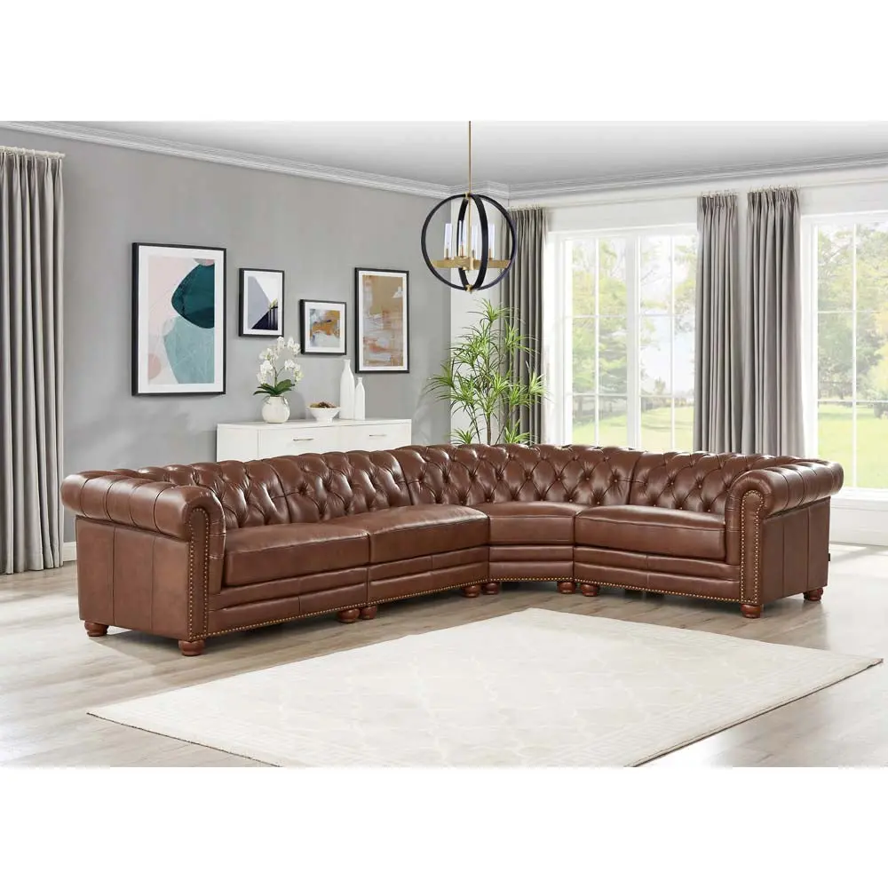 Aliso L Shaped Leather Sectional Sofa Pecan Mid Century Modern Down Filling hydeline furniture