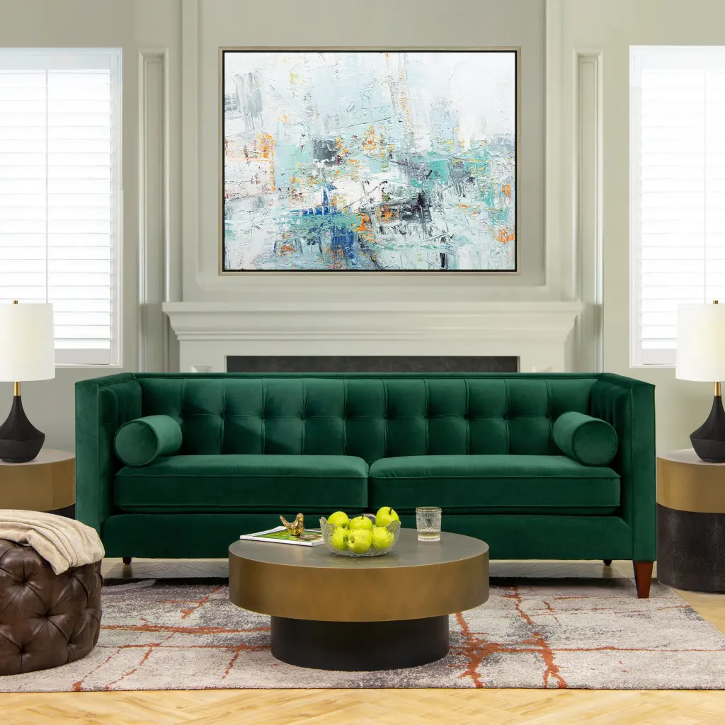 Jack 84 Inch Modern Tuxedo Tufted Sofa Evergreen Velvet Foam Cushions jennifer taylor home