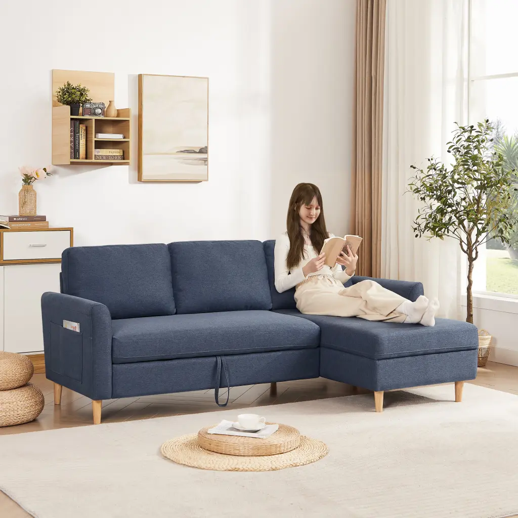 Customizable L Shaped Sofa Bed Chaise Blue Grey Upholstered Sectional jsc furniture
