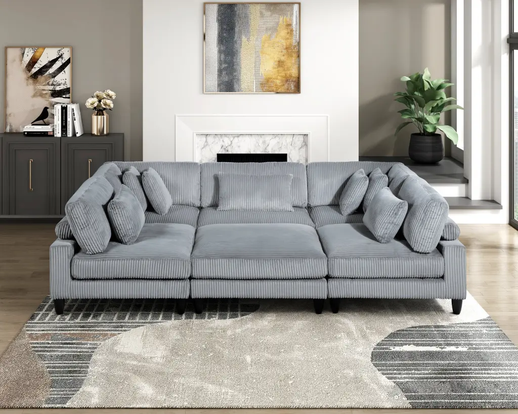 6Pc Modular Sectional Set Gray Corduroy Upholstery 3X Armless Chairs 2X Corner Pieces kanepe