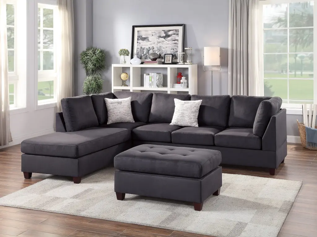 Contemporary 3Pc Reversible Sectional Sofa Set Ottoman Ebony Microfiber kanepe
