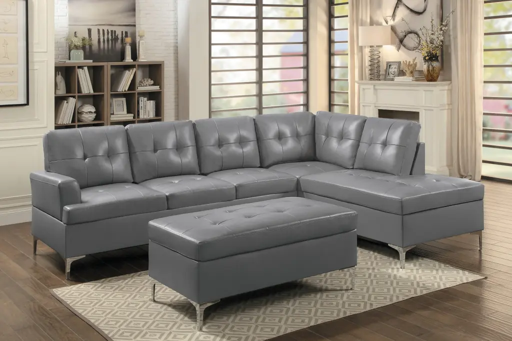 Contemporary Gray 3 Piece Sectional Sofa Chaise Ottoman Tufted Design kanepe