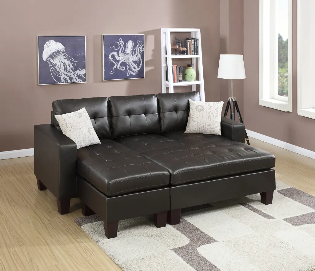 Espresso Faux Leather 3Pcs Reversible Sectional Sofa Chaise Ottoman kanepe
