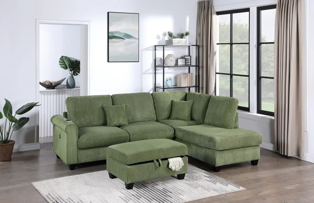 Gorgeous Sage Hue 3Pc Sectional Set Corduroy Upholstered Sofa kanepe