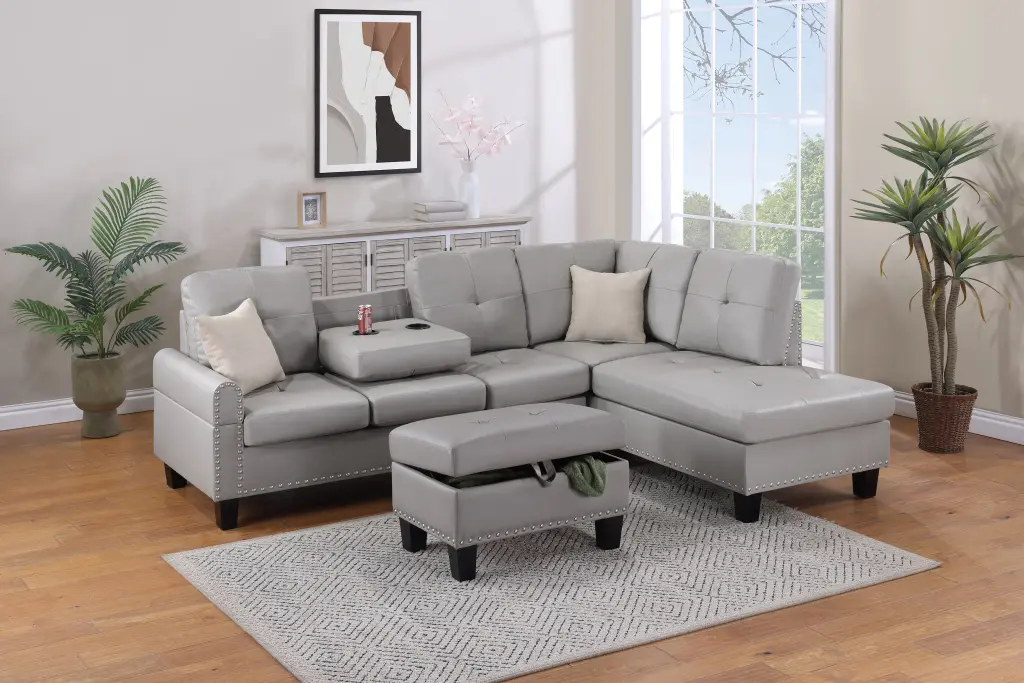 Grey Faux Leather Living Room 3 Pcs Sectional Sofa Set kanepe