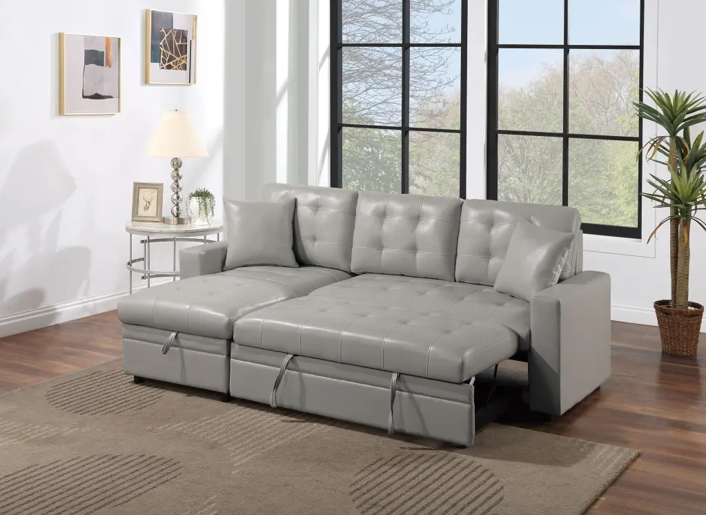 Light Gray Faux Hide Convertible Sectional Sofa Pull Out Bed kanepe
