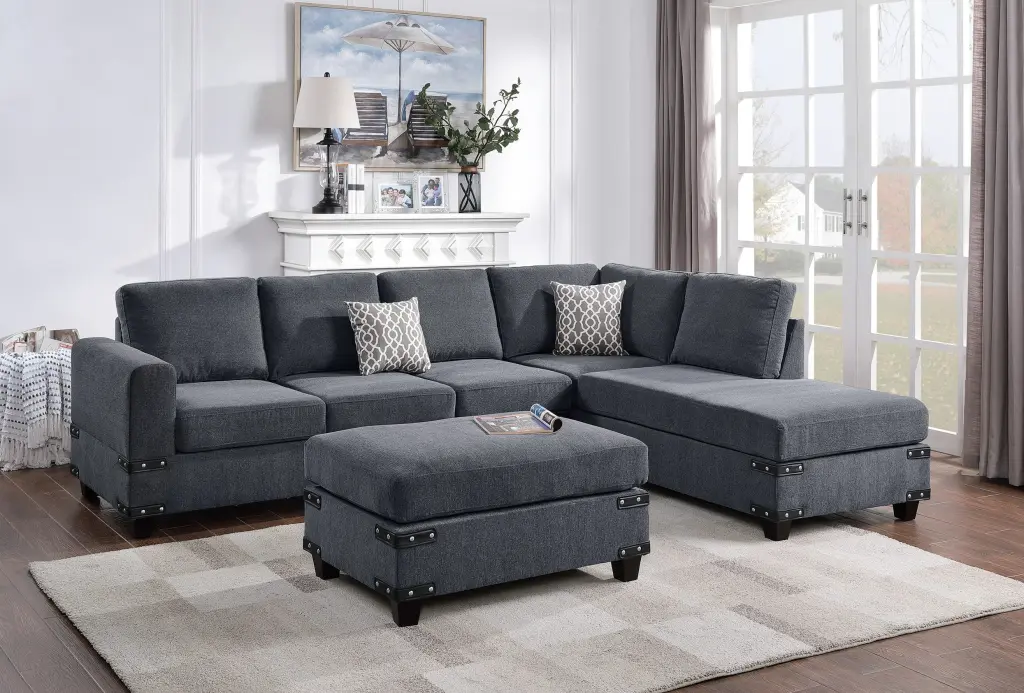 Living Room Charcoal Chenille Sectional Ottoman Linen Like Fabric kanepe