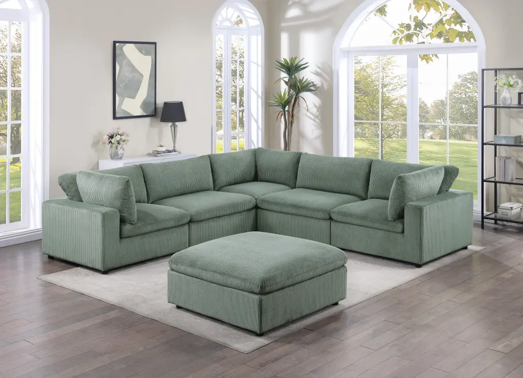 Sage Hue 6Pc Modular Sectional Set Corduroy Upholstery Couch 3X Corner kanepe